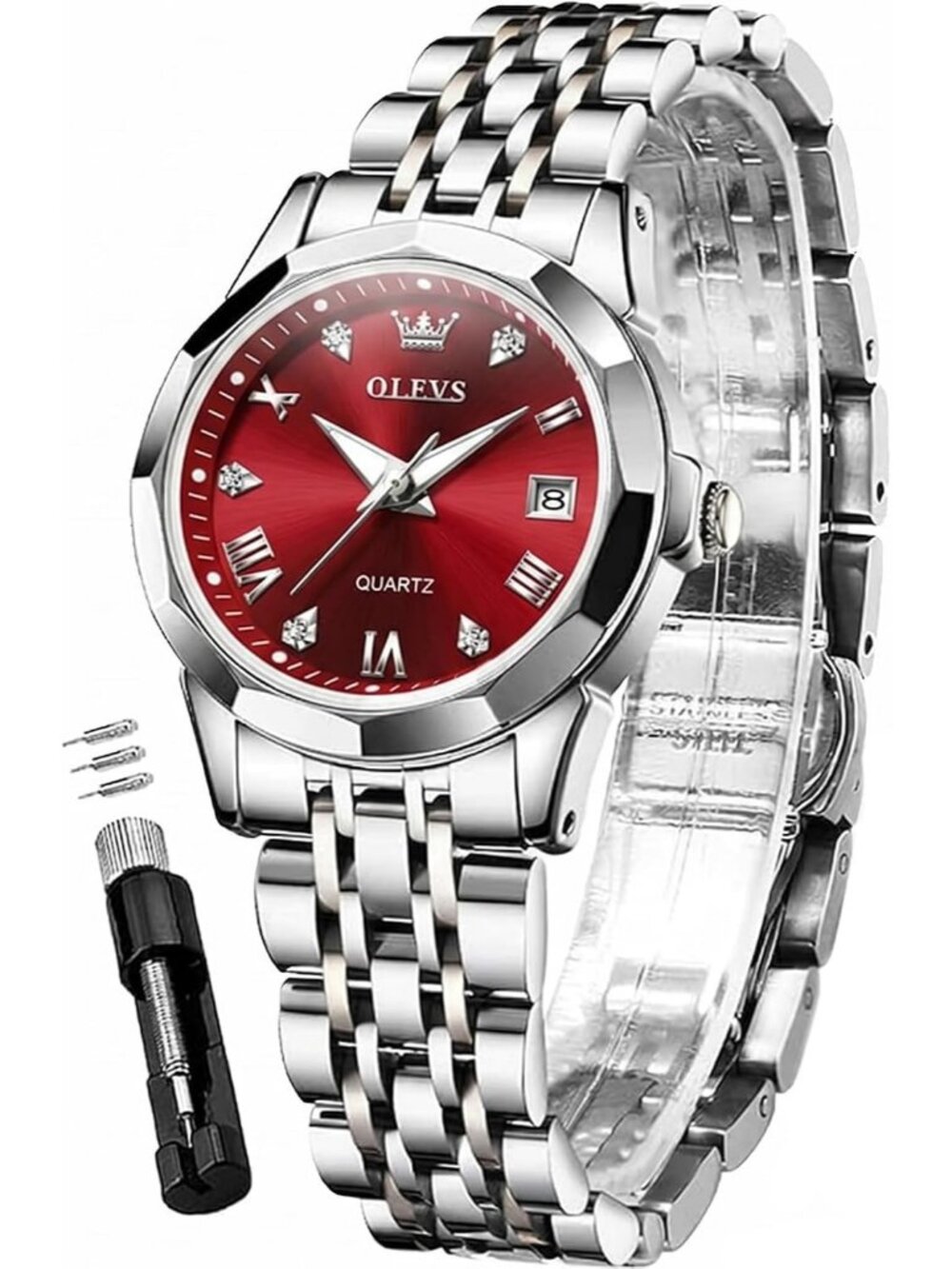 Women's Red Luxury Waterproof Fashion Analog Quartz Stainless Steel Band Watches